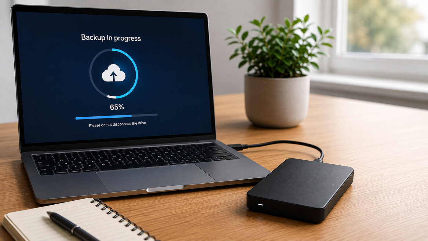 Warum Back-Ups so wichtig sind Ein Laptop auf einem Tisch an dem eine Festplatte angesteckt ist. Auf dem Laptop sieht man wie das Back-Up erstellt wird.