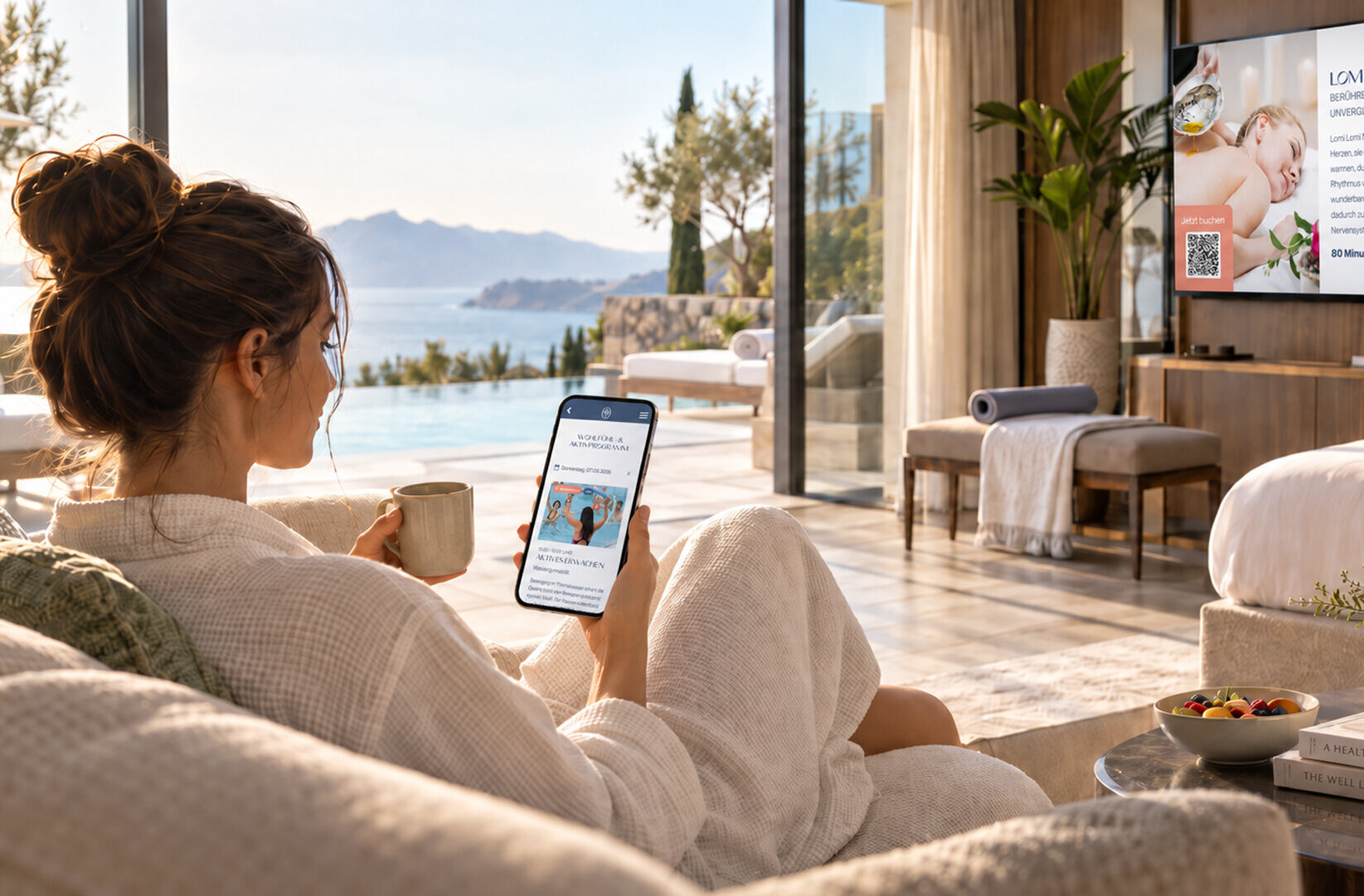 Eine Dame, die im Hotelzimmer mit Aussicht auf der Couch sitzt, und auf dem Handy sowie dem TV die Wellnessangebote checkt