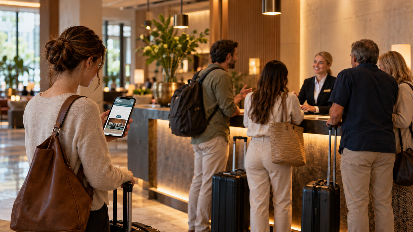 gvity. to go - Ihr digitaler Reisebegleiter Eine Hotel-Rezeption mit wartenenden Gästen und einer freundlichen Rezeptionistin, dahinter steht noch eine Frau mit ihrm Handy in der Hand
